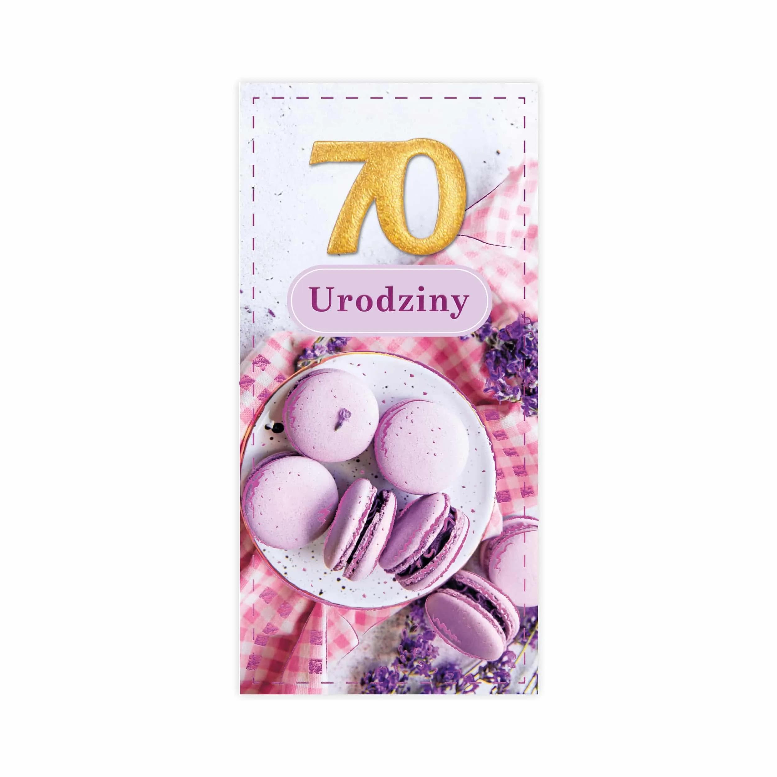 Kartka urodzinowa na 70 urodziny z fioletowymi makaronikami i złoconą cyfrą 70, elegancki kobiecy wzór – Kartki z Kotkiem.