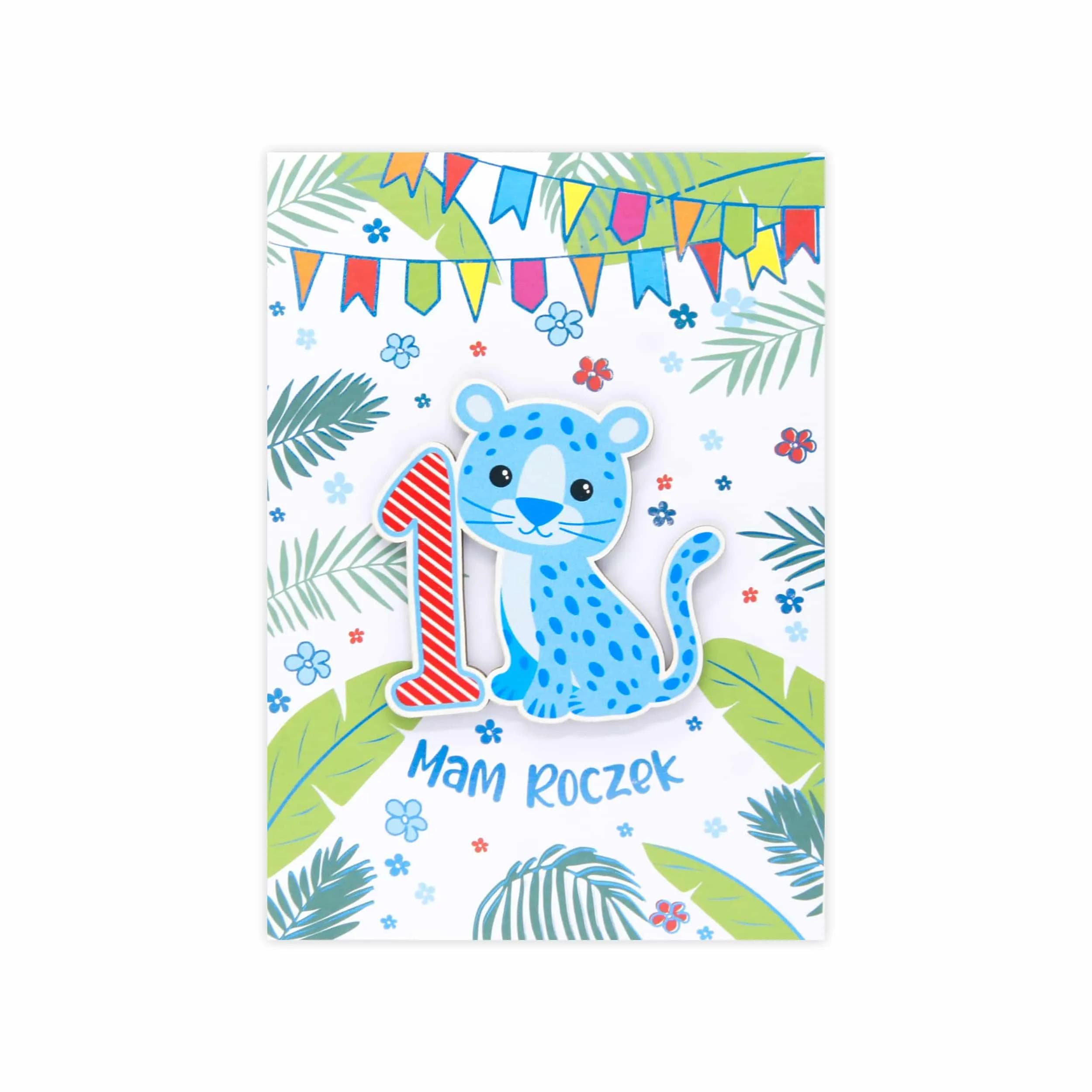 Kartka na roczek z niebieskim kotem