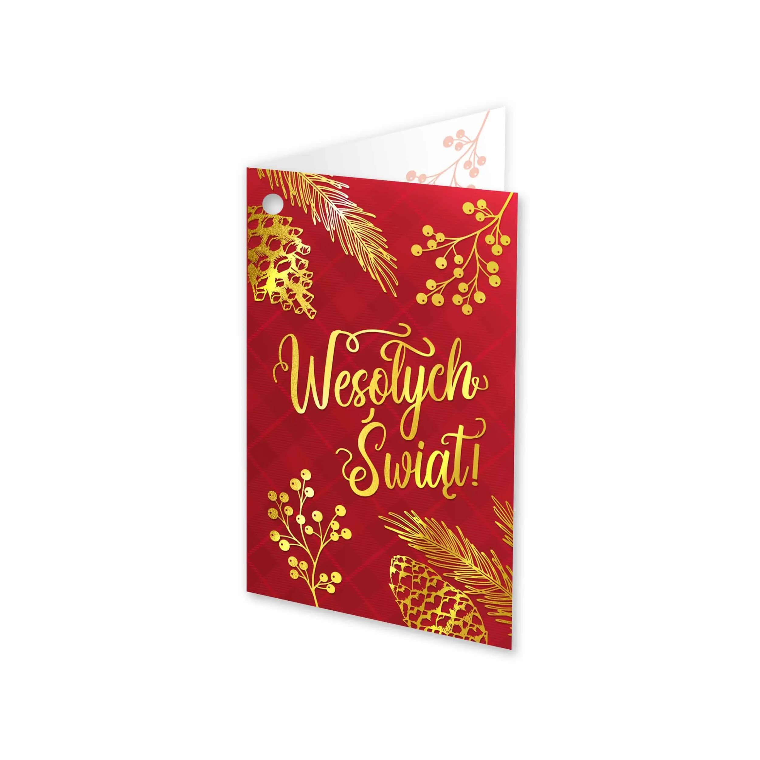 Bilecik do kwiatów, Boże narodzenie, świąteczny wzór czerwone tło i złote gałązki