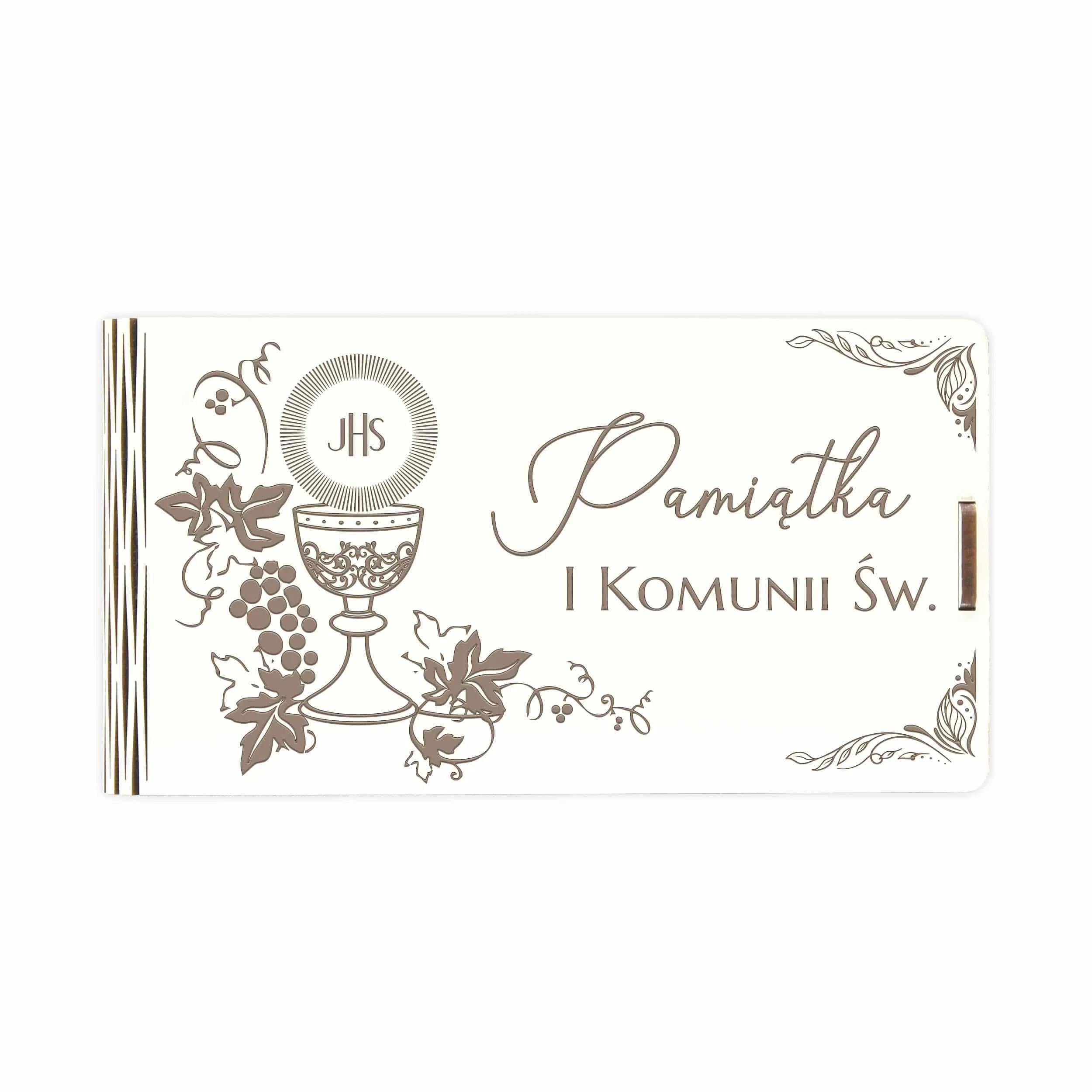 Pudełko drewniane na pieniądze z okazji I Komunii Świętej grawerowane - wzór z kielichem i liśćmi