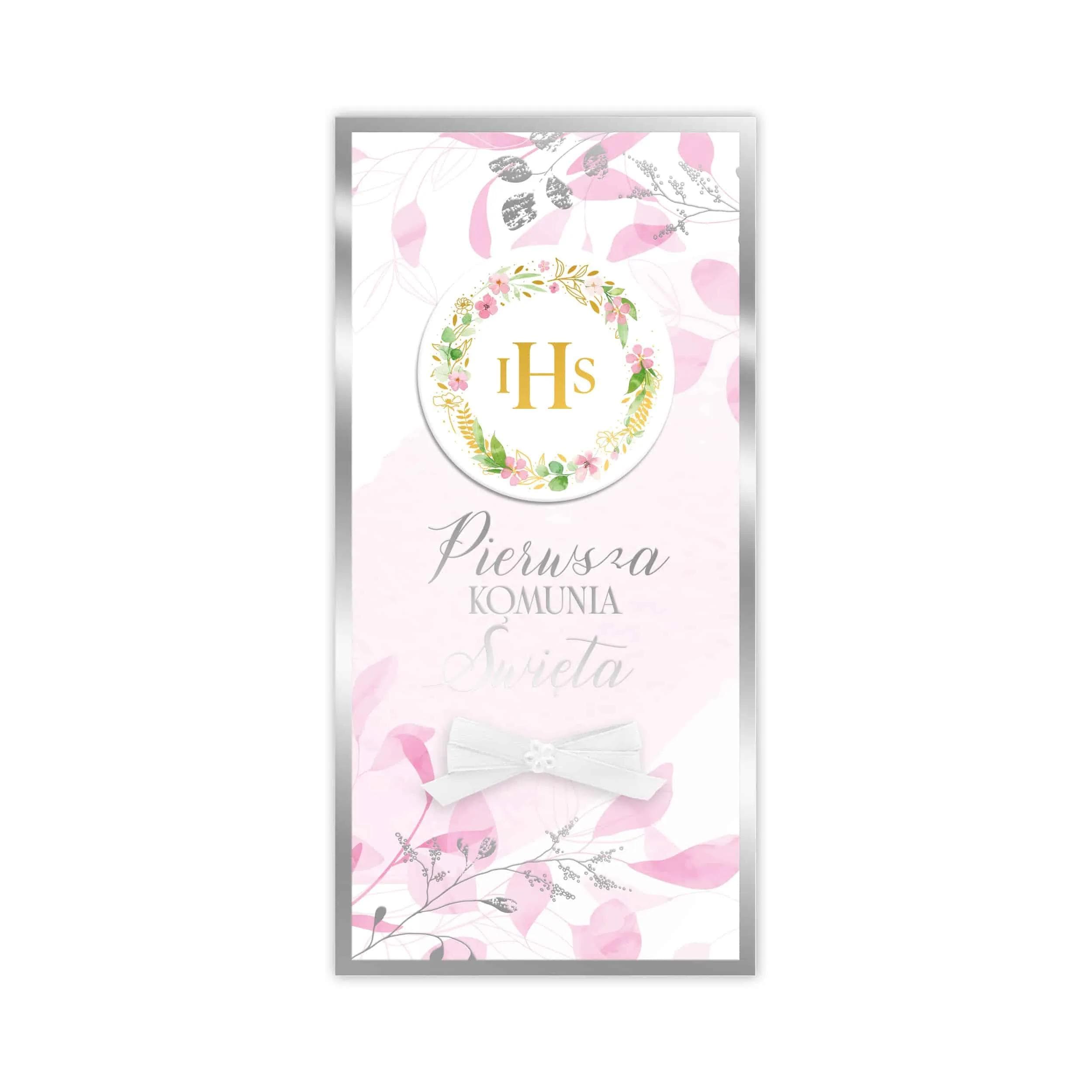 Kartka DL-R dla dziewczynki różowa z hostią