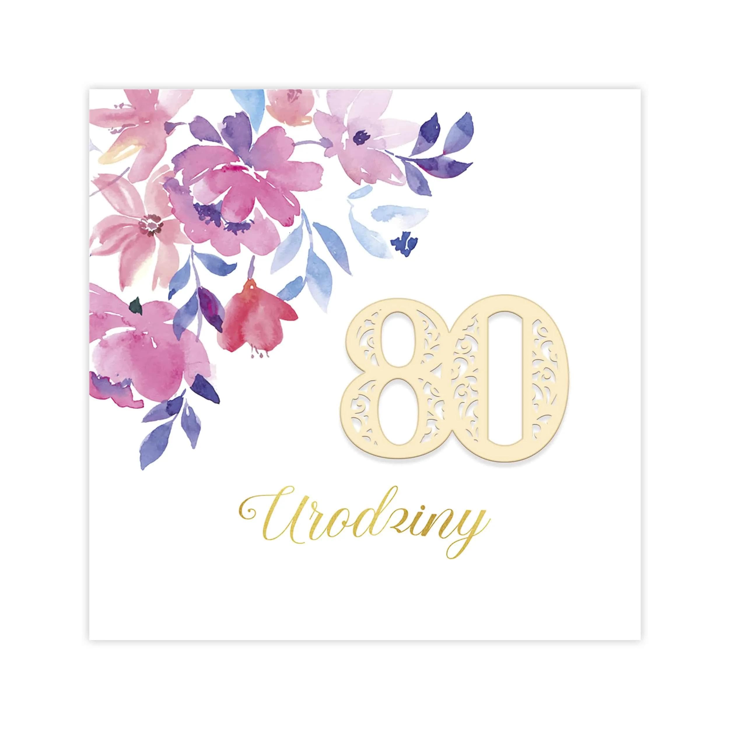 Kartka na urodziny, akwarelowe kwiatki, ozdobny papier, fioletowa, 80