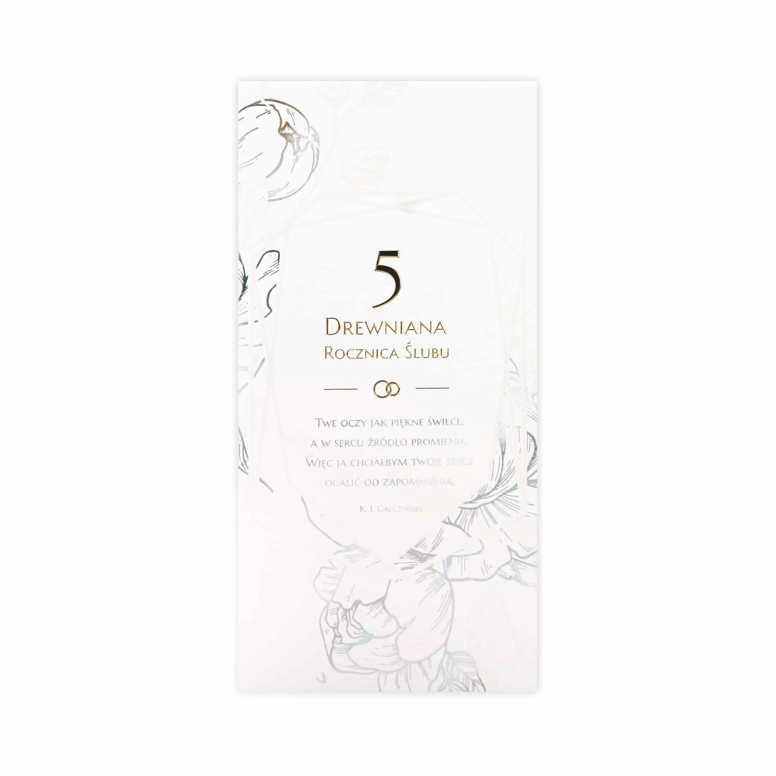 Kartka na rocznicę ślubu, złocenie, perłowa folia, ozdobny papier - 5 rocznica