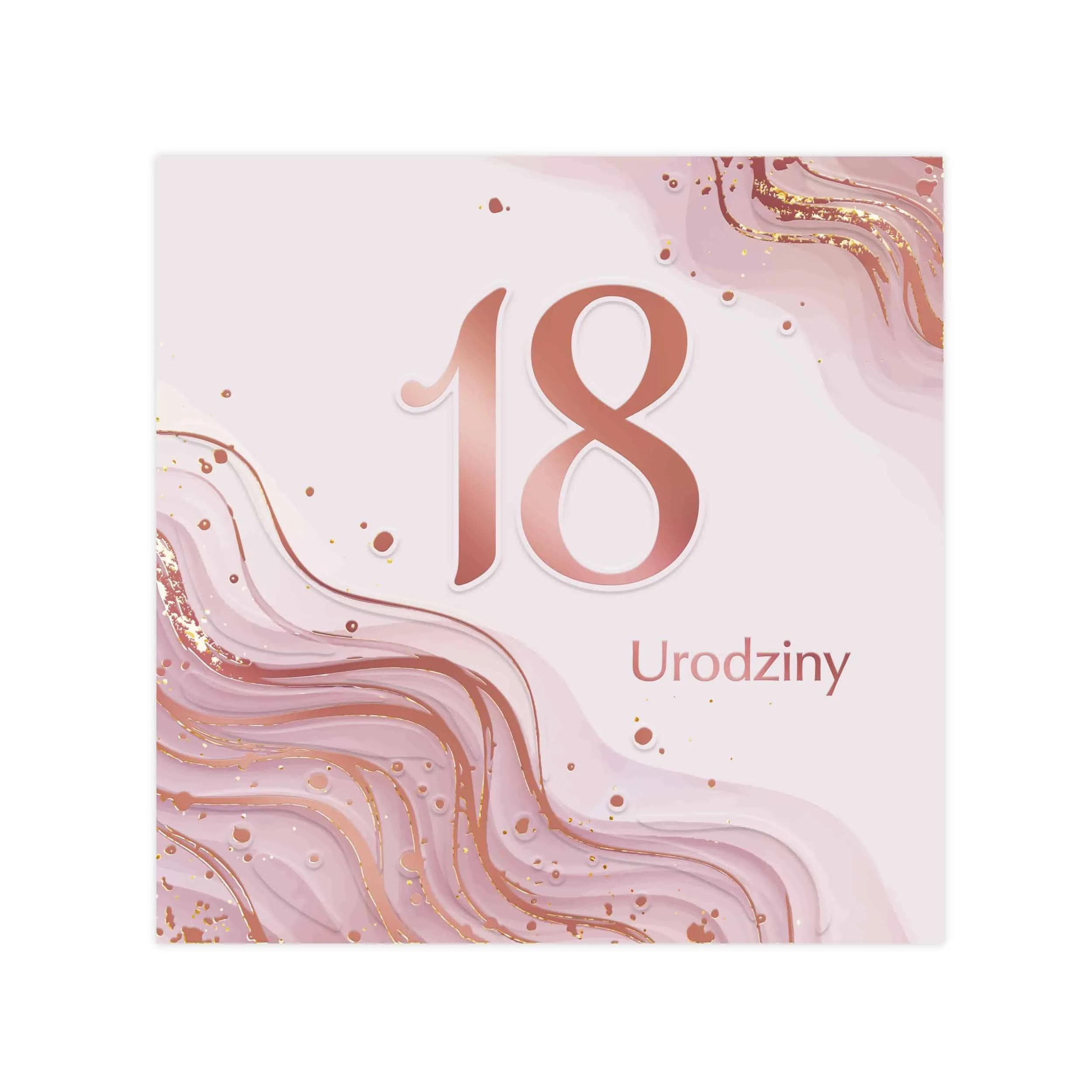 Pudrowo różowa kartka na 18 urodziny z dużą cyfrą 18 i eleganckim marmurowym wzorem w odcieniach rose gold.