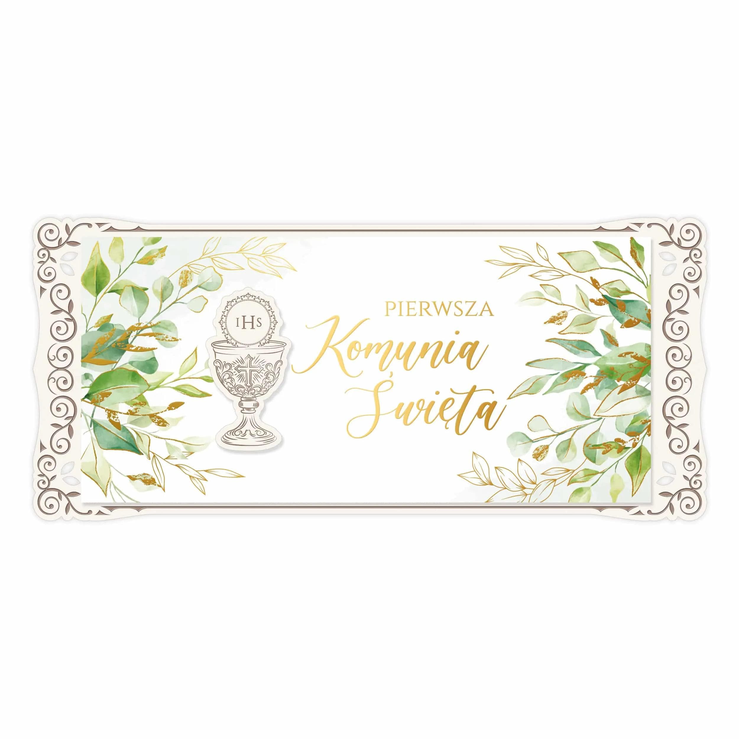 Kartka na I Komunię Święta na drewnianym grawerowanym podkładzie, boho, rustykalna, akwarelowe kwiaty, drewniany kielich, zielone liście