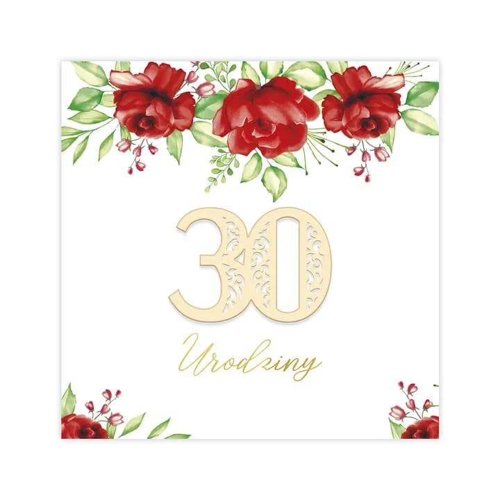 Kartka na urodziny, akwarelowe kwiatki, ozdobny papier, ażurowa cyfra 30 kartonik, eko, rustykalna