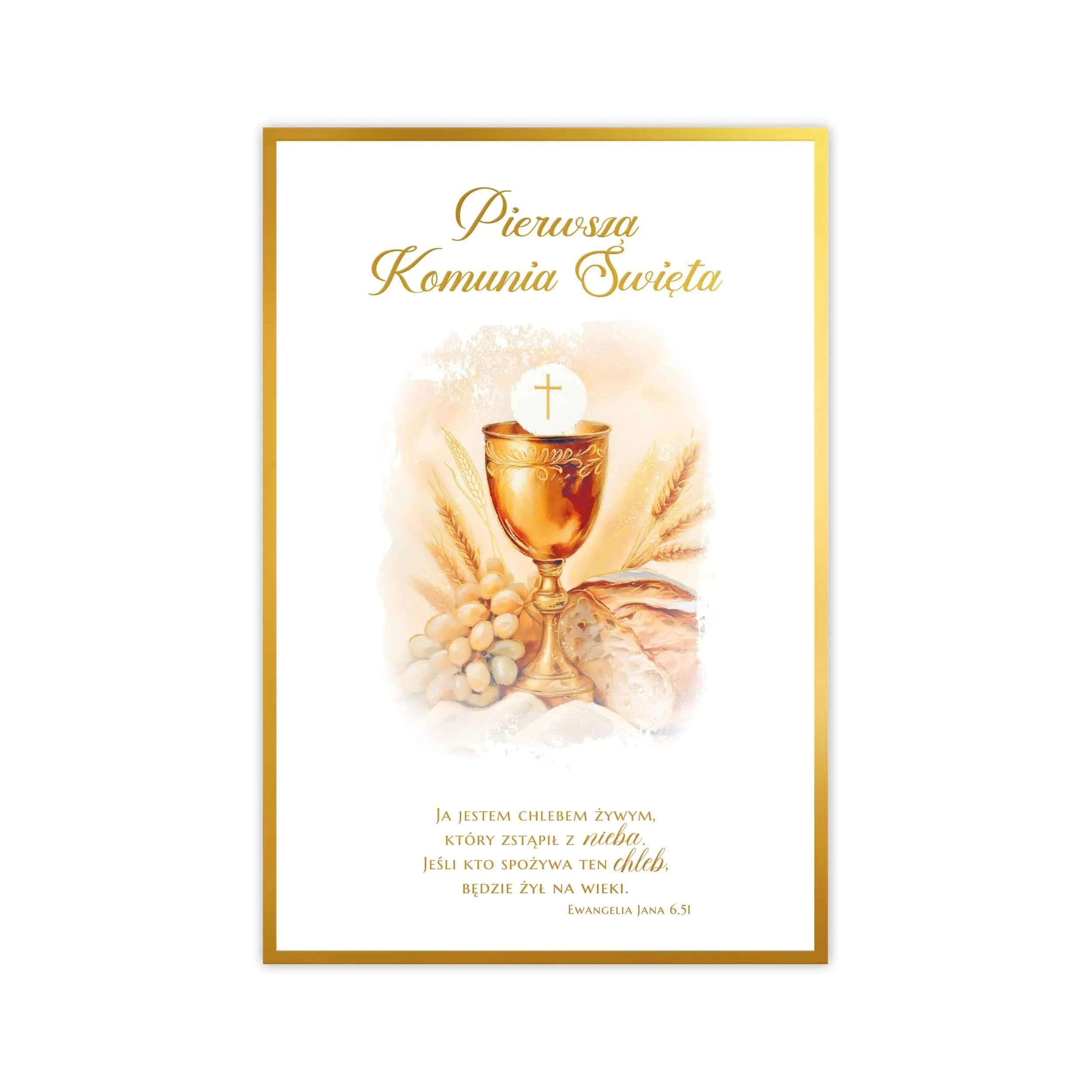Kartka B6 z okazji I Komunii Św. z uroczym akwarelowym kielichem i złoconym cytatem z Biblii