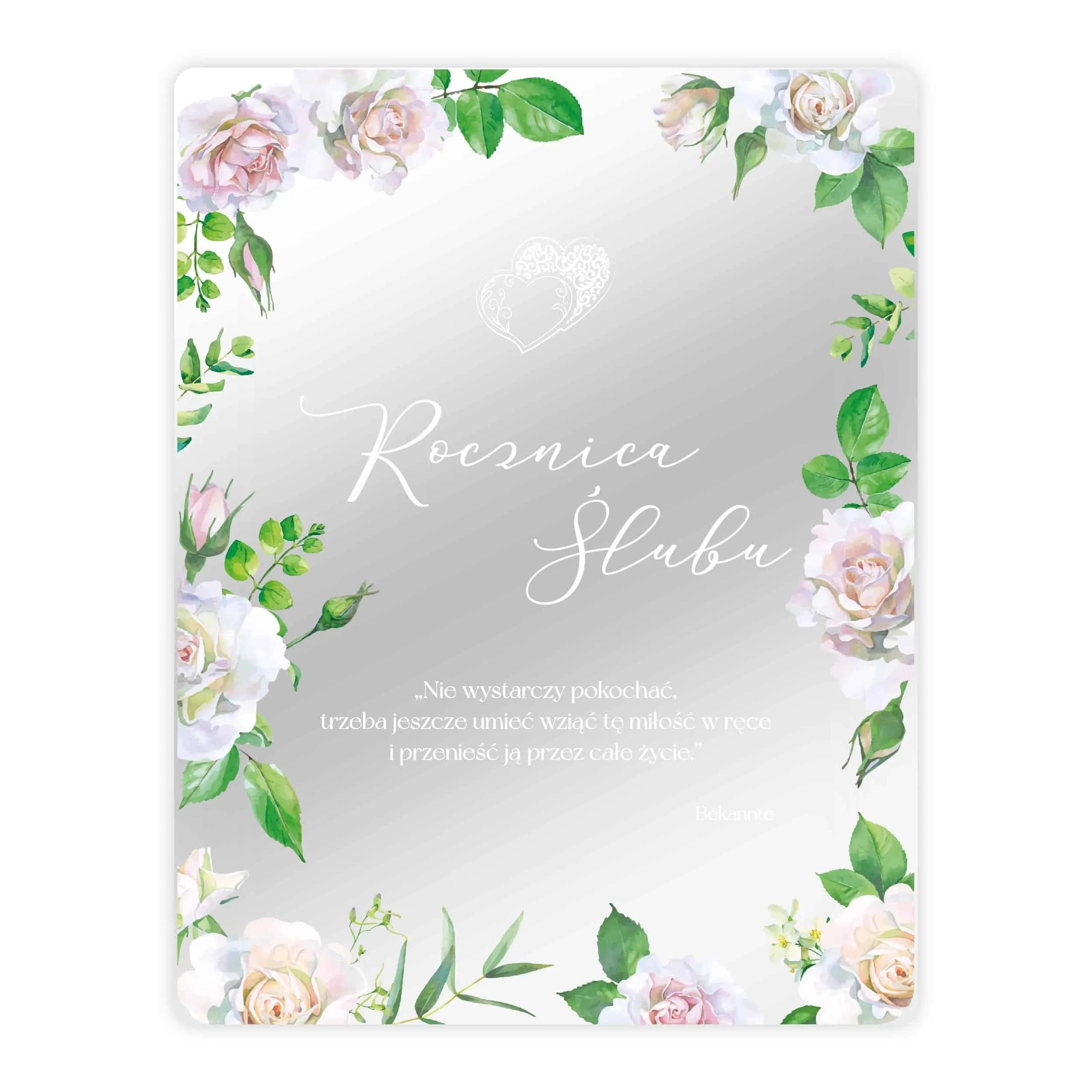 Elegancka i subtelna pamiątka z okazji Rocznicy Ślubu, która w wyjątkowy sposób podkreśli ważność tego dnia. Dekoracja została wykonana nowoczesną techniką wypukłego druku UV na efektownym lusterku o formacie zbliżonym do A4.
