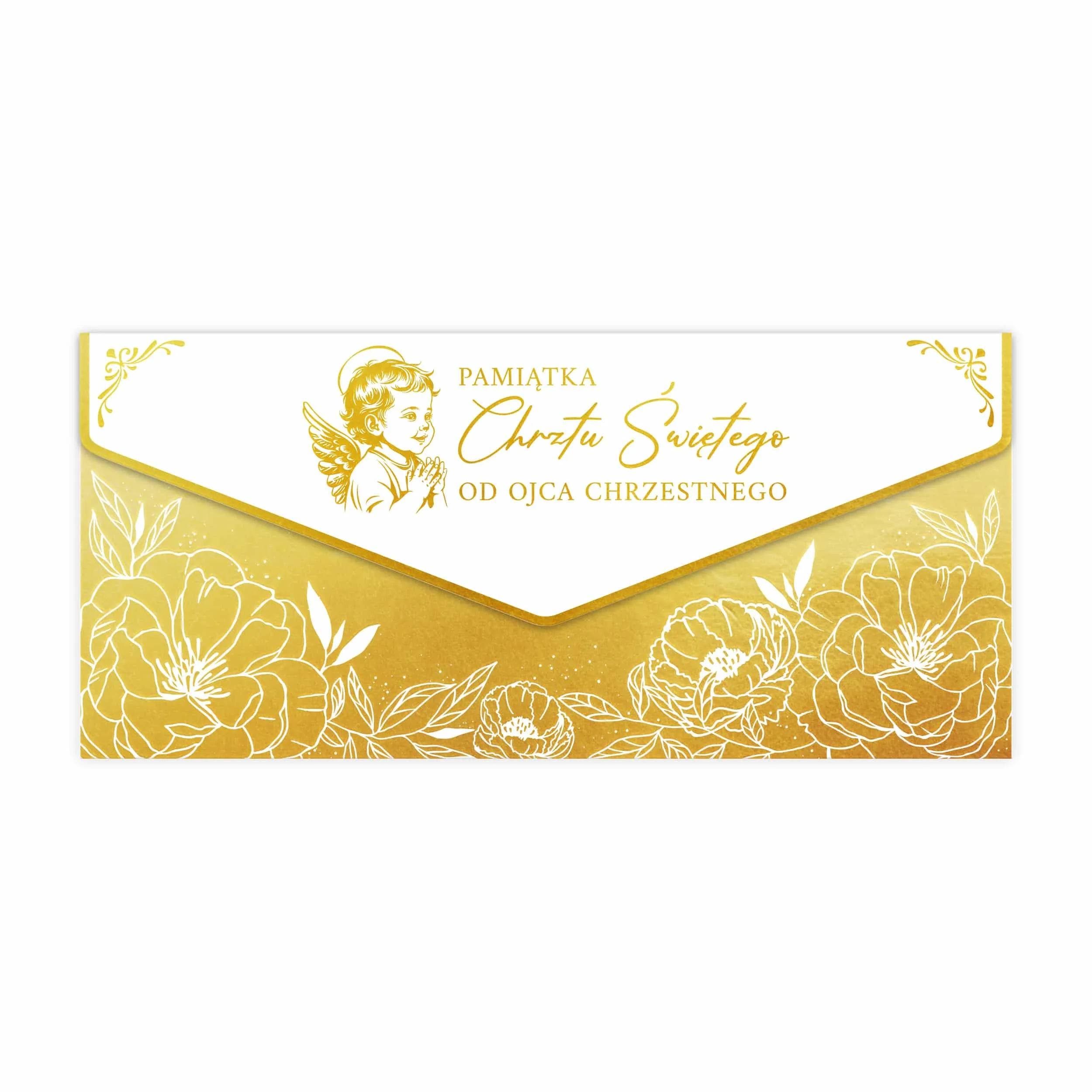 Elegancka koperta PREMIUM na Chrzest Święty, bogato złocona z motywami kwiatowymi i sakralnymi. Wzór od Ojca Chrzestnego.