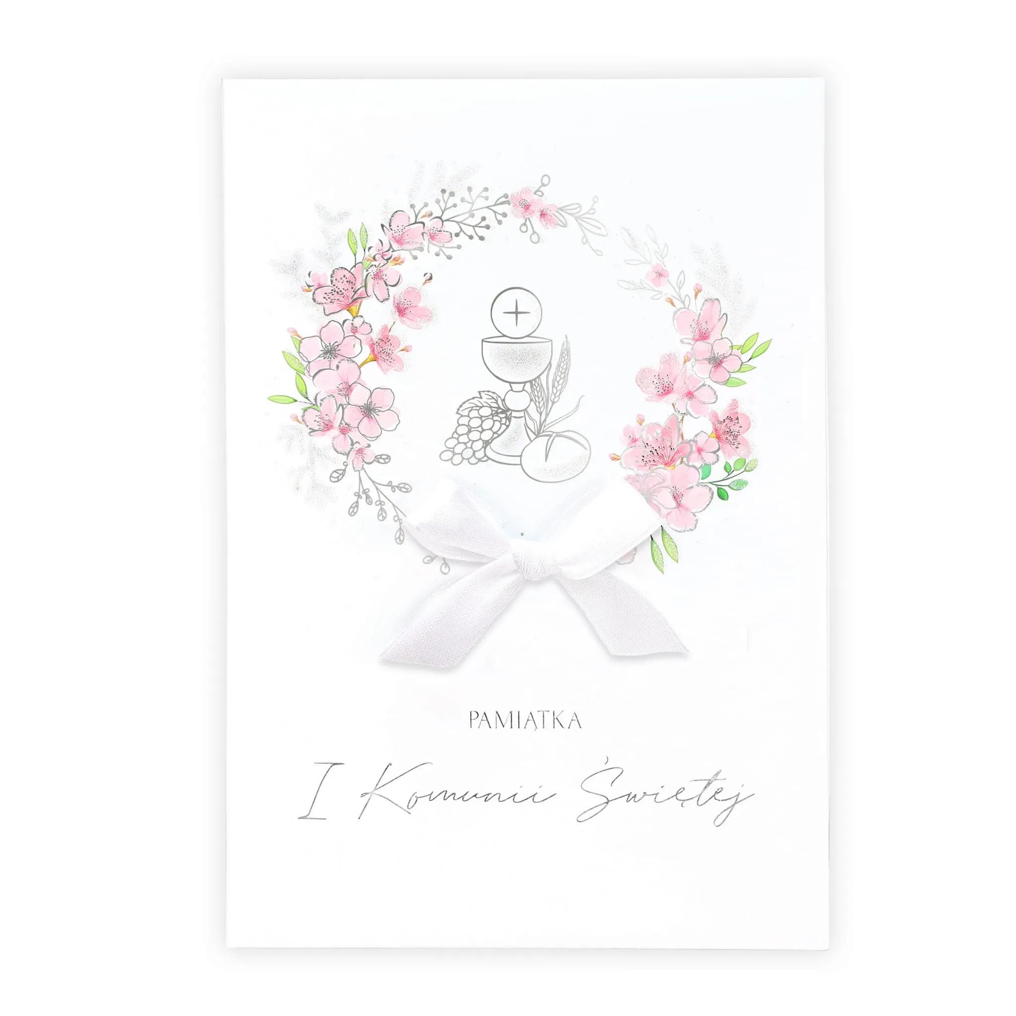 Pudełko prezentowe A4 na wszystkie pamiątki I Komunii Św z książeczką dla dziewczynki, różowe kwiatki i kielich