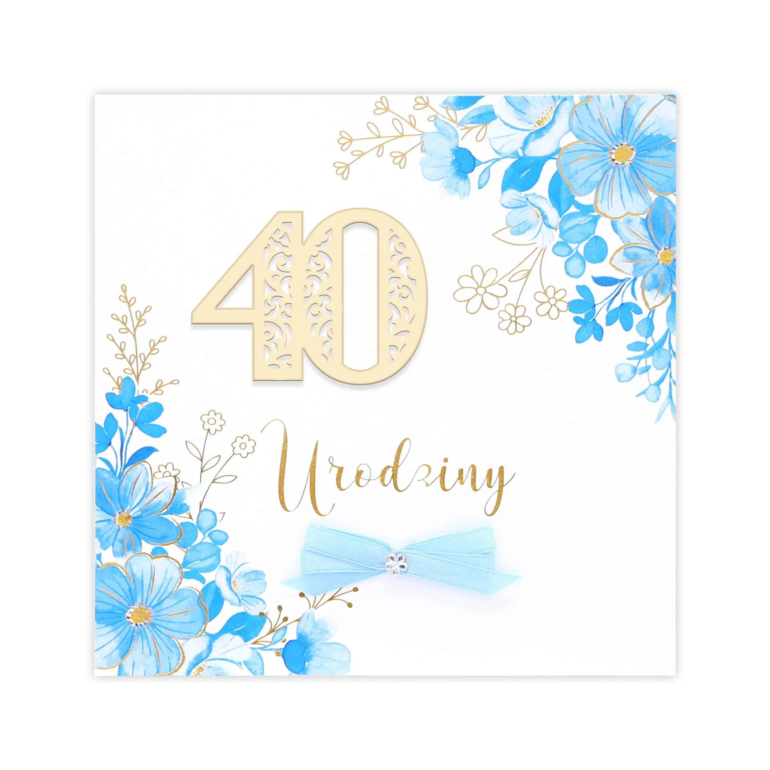 Kartka na urodziny, akwarelowe kwiatki, ozdobny papier, niebieskie, 40