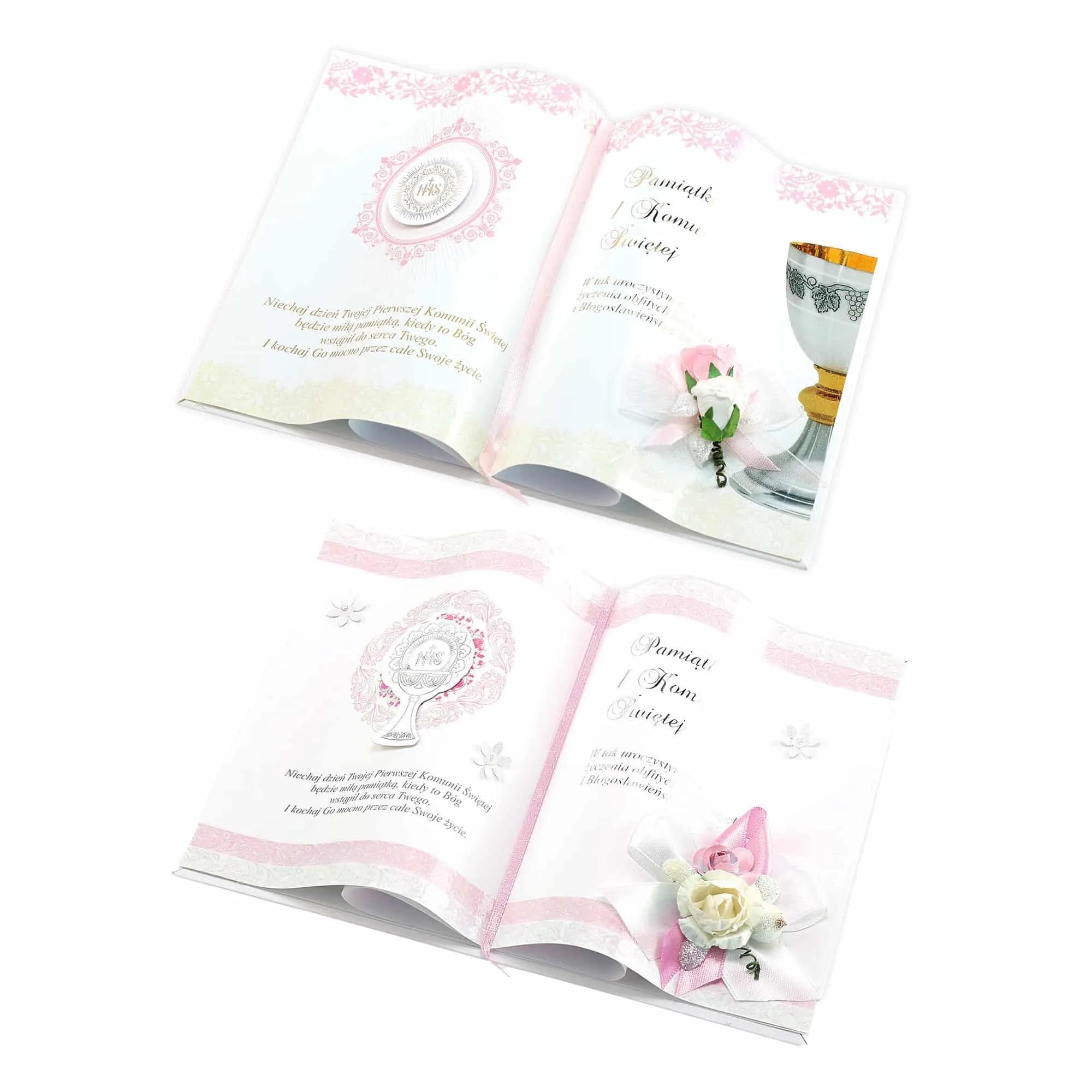 dekoracja, otwarta książeczka, życzenia, różowy dla dziewczynki na I komunię św