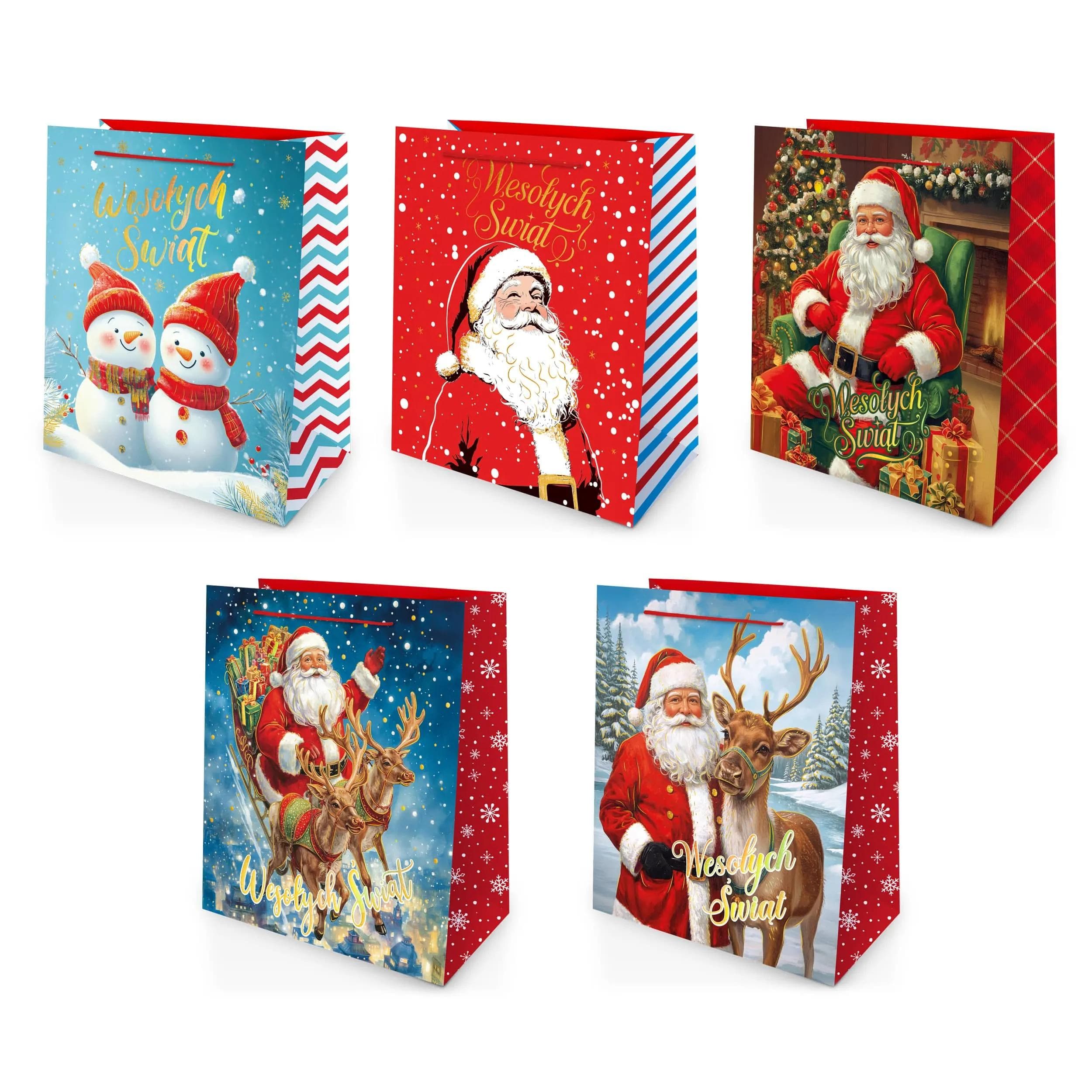 Komplet świątecznych toreb prezentowych A5 z Mikołajem, reniferami i bałwankami – mix 5 wzorów z napisem „Wesołych Świąt”, idealne torby na prezenty bożonarodzeniowe.