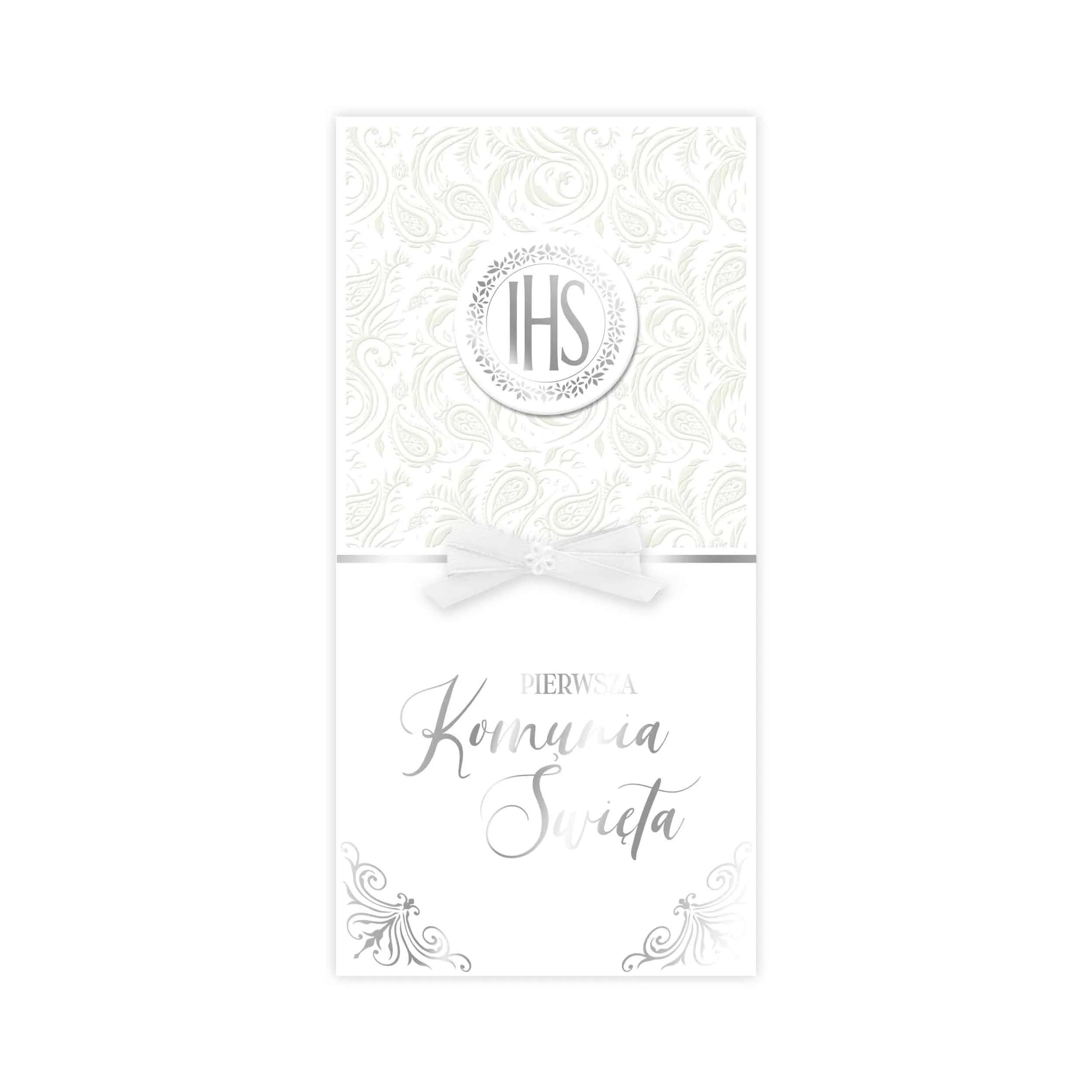 DL Karnet z okazji I Komunii Św. srebrny IHS i tłoczone elementy florystyczne
