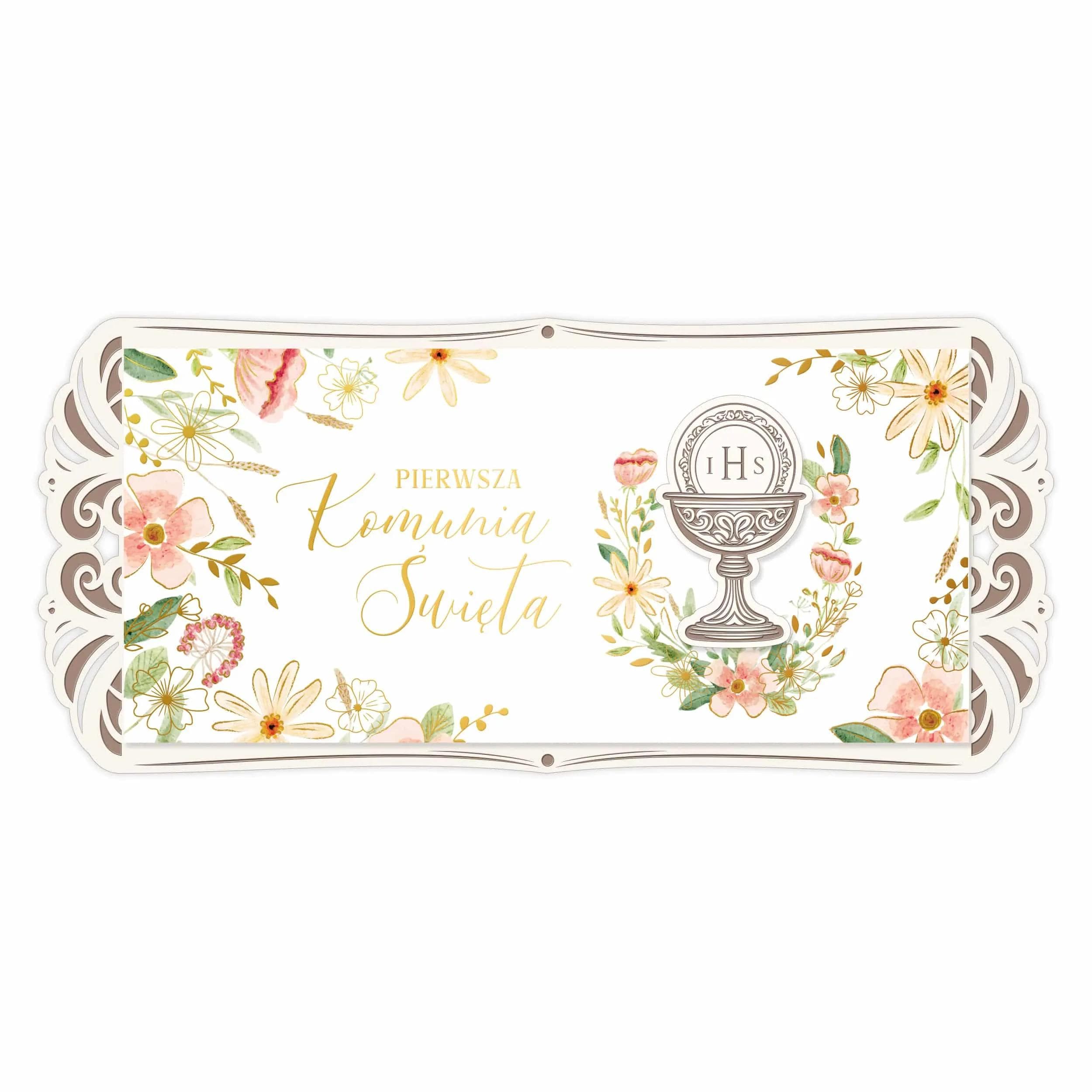 Kartka na I Komunię Święta na drewnianym grawerowanym podkładzie, boho, rustykalna, akwarelowe kwiaty, różowa dla dziewczynki z drewnianym kielichem
