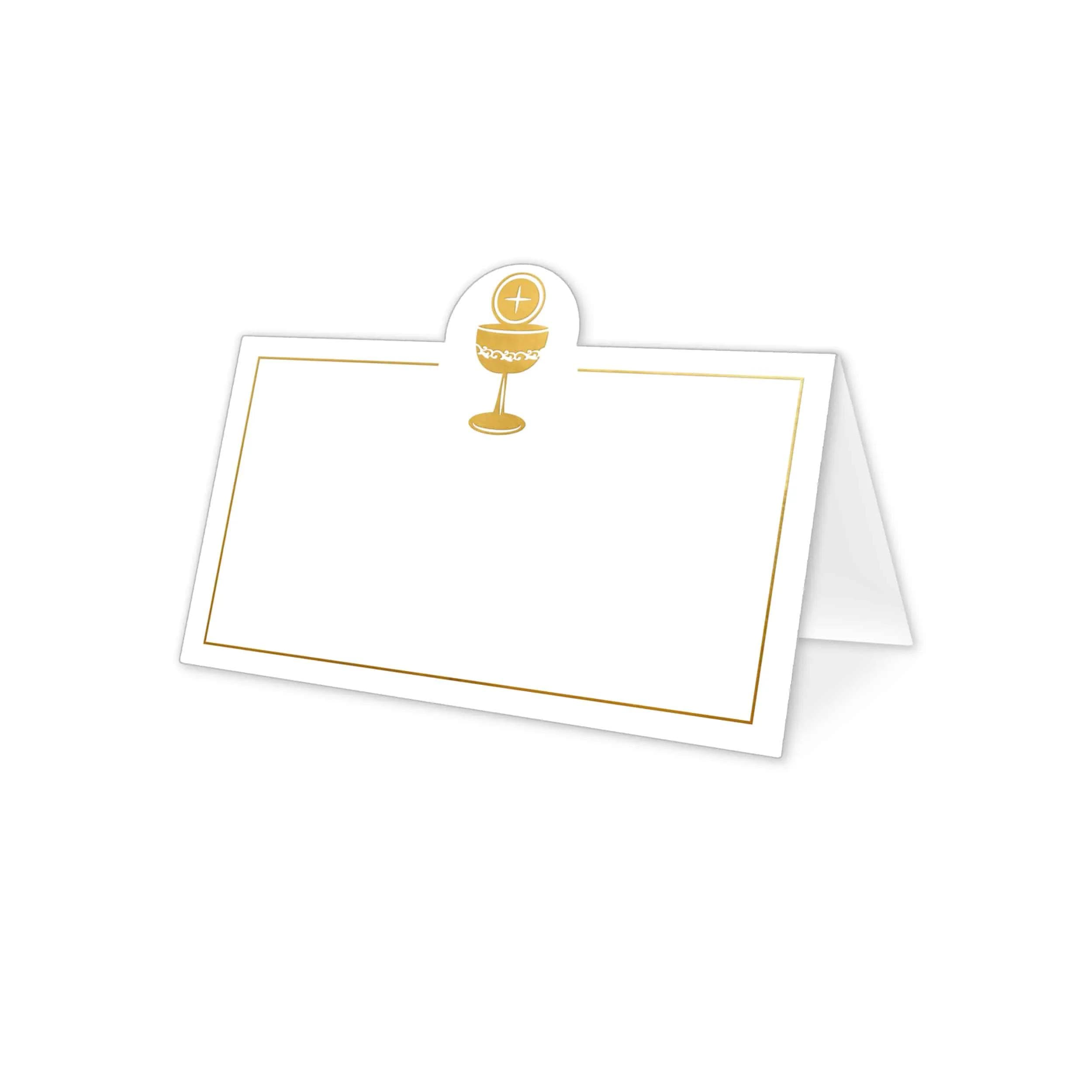 Biała winietka na komunię, składana na pół, ozdobny papier i złocenie, kielich i złota ramka