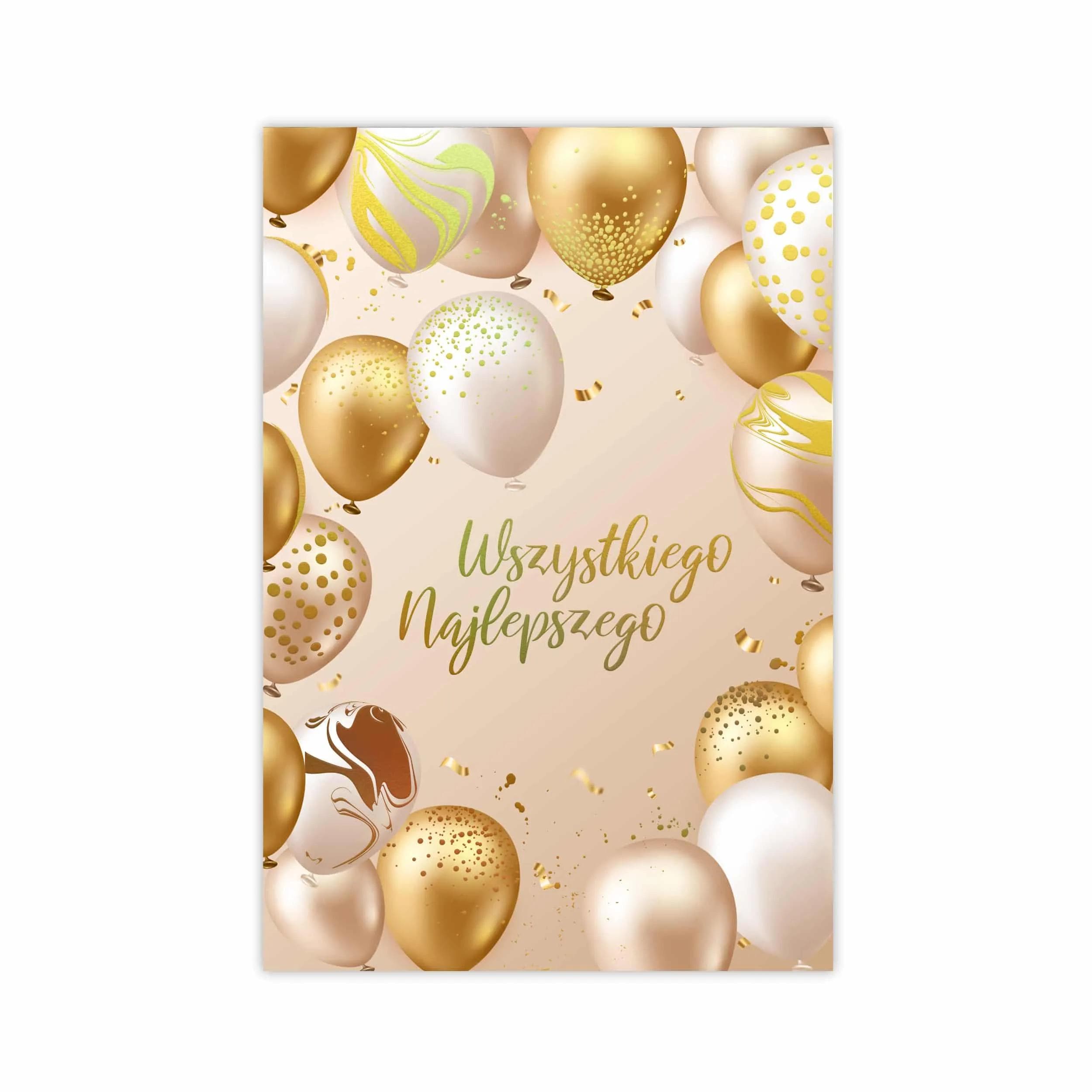 Środek kartki: Elegancki beżowy papier ze złoconymi życzeniami, starannie dobranymi na wyjątkowe okazje. Tekst życzeń jest czytelny i ozdobny, uzupełniony subtelnymi złotymi detalami. Całość utrzymana w klasycznym, ponadczasowym stylu – idealna na urodziny.