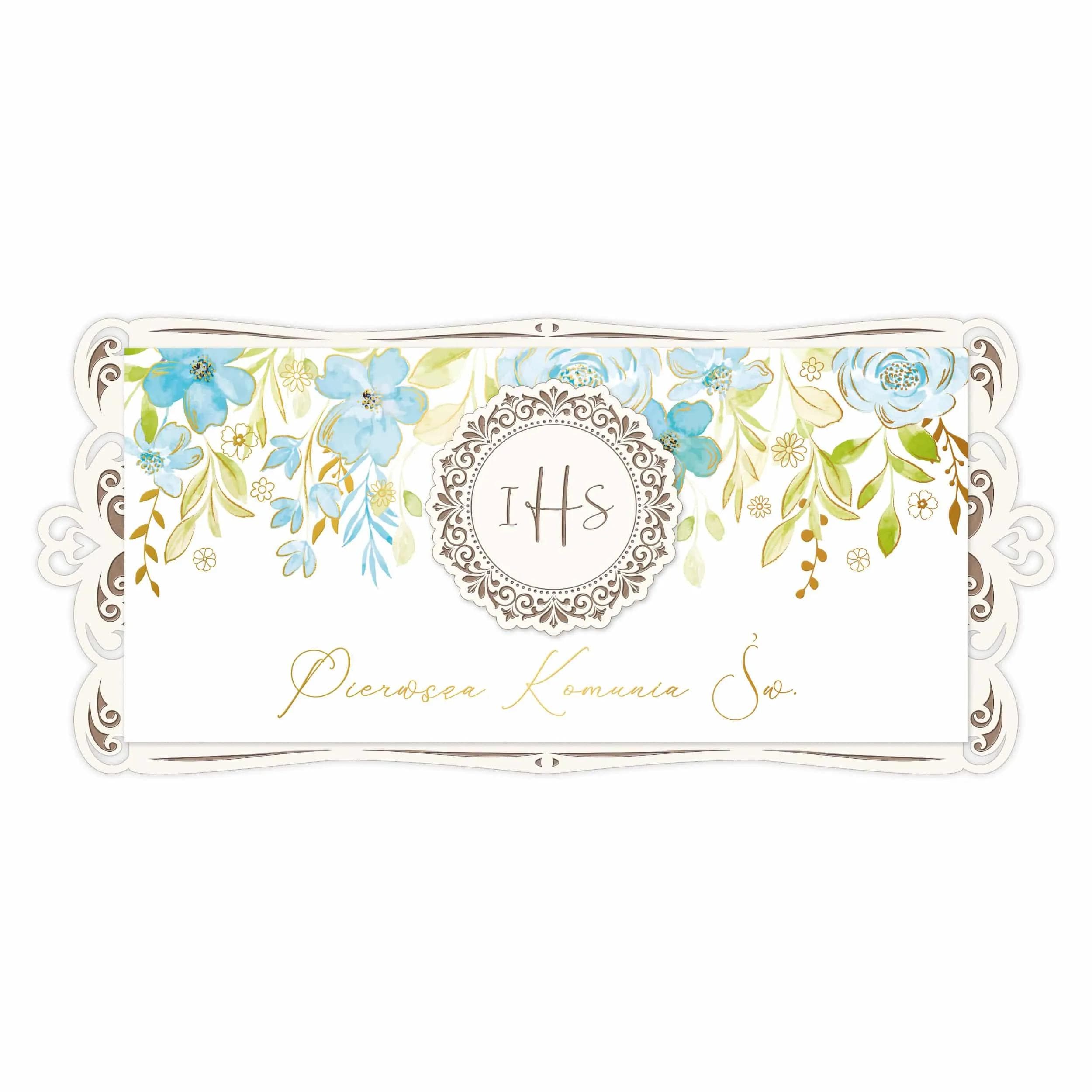 Kartka na I Komunię Święta na drewnianym grawerowanym podkładzie, boho, rustykalna, akwarelowe kwiaty, niebieska dla chłopca