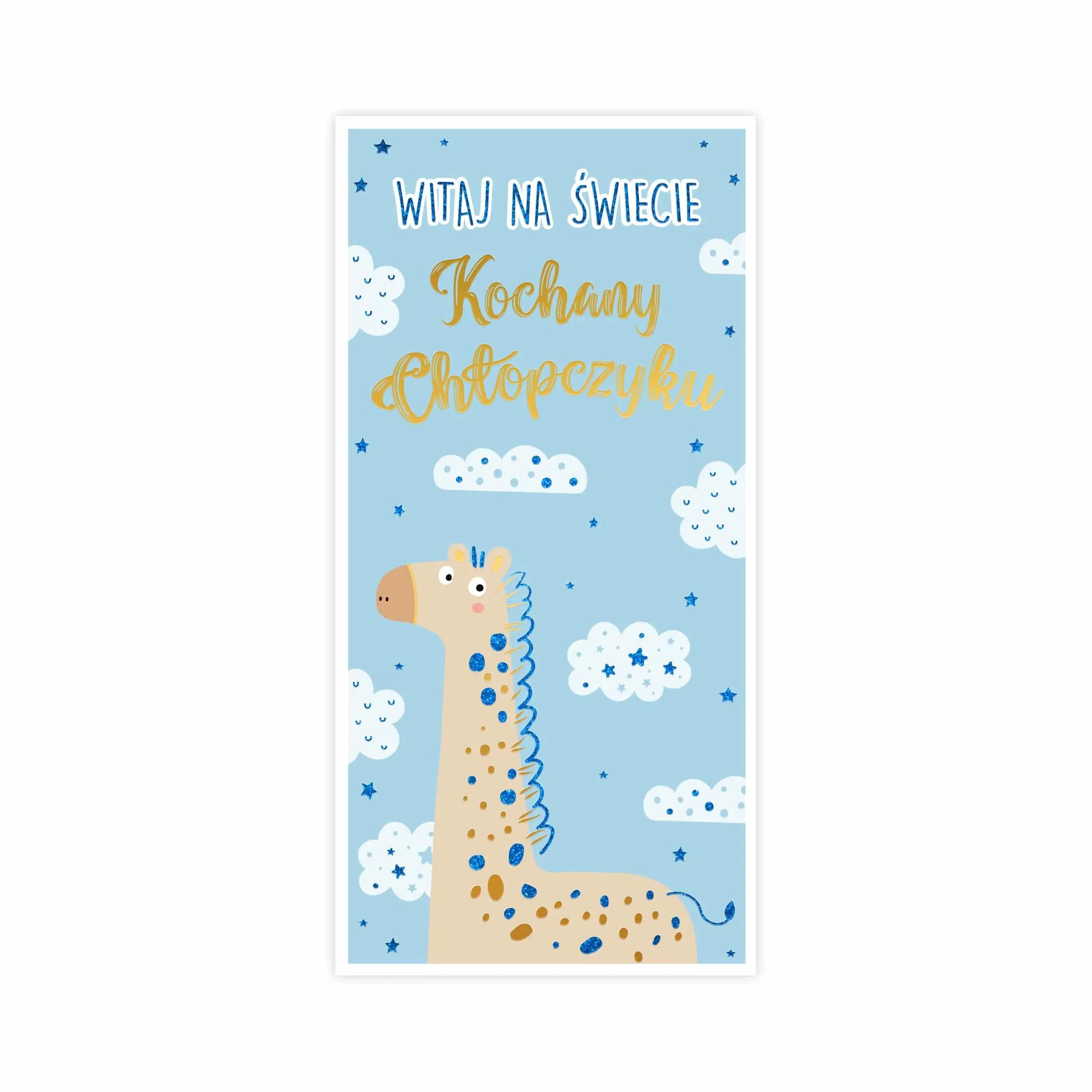 Kartka DL na narodziny z akwarelowym motywem i podwójnym złoceniem (różowe / niebieskie + matowe złoto) na fakturowanym papierze akwarelowym, format 105 × 215 mm. Wzór z niebieską żyrafą.